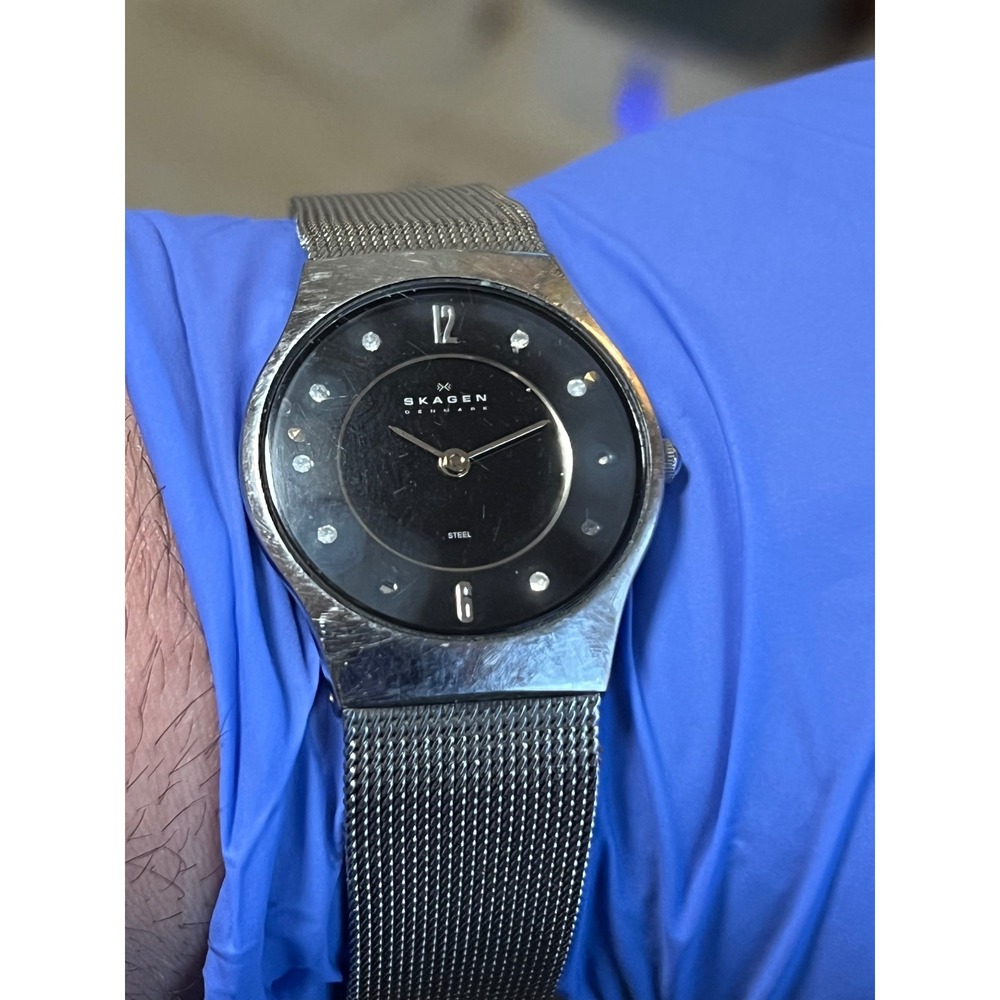 Skagen Denmark Womens Steel Mesh Watch‎ Black Dial Crystal Markers Silver READ